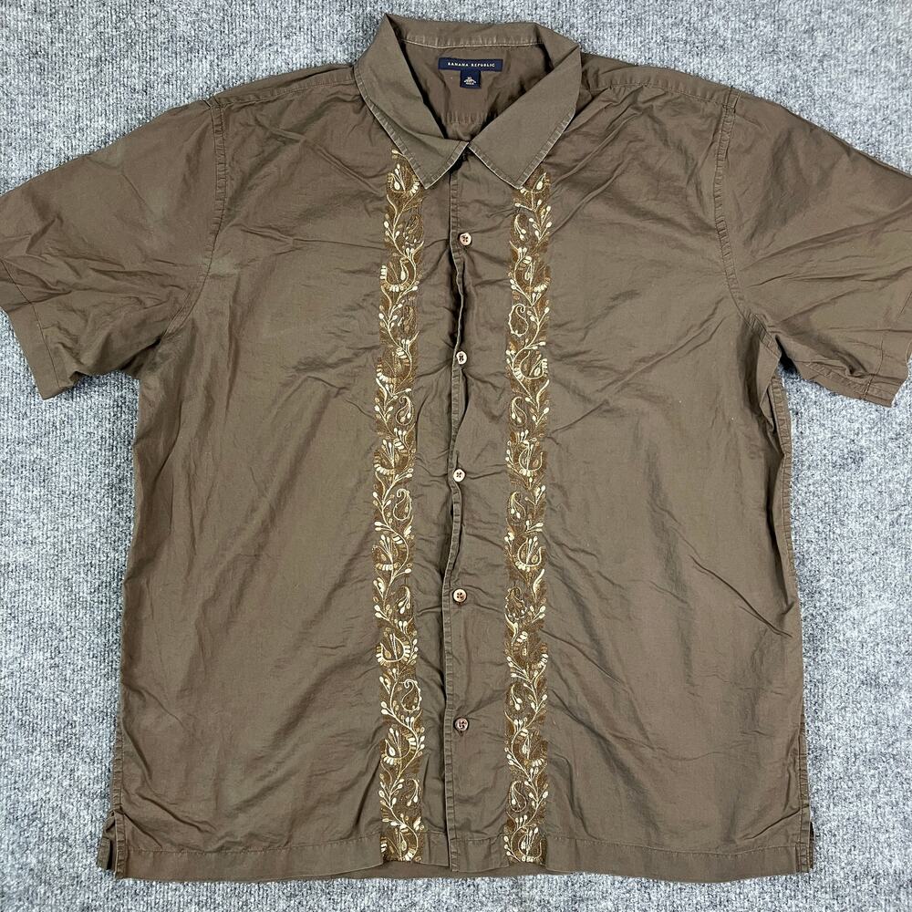 Banana Republic Shirt Mens XL Brown Embroidered Short Sleeve Button-Up Casual